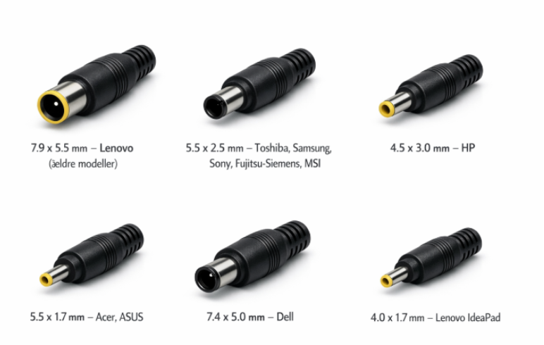 DC barrel connector størrelser sammenligning