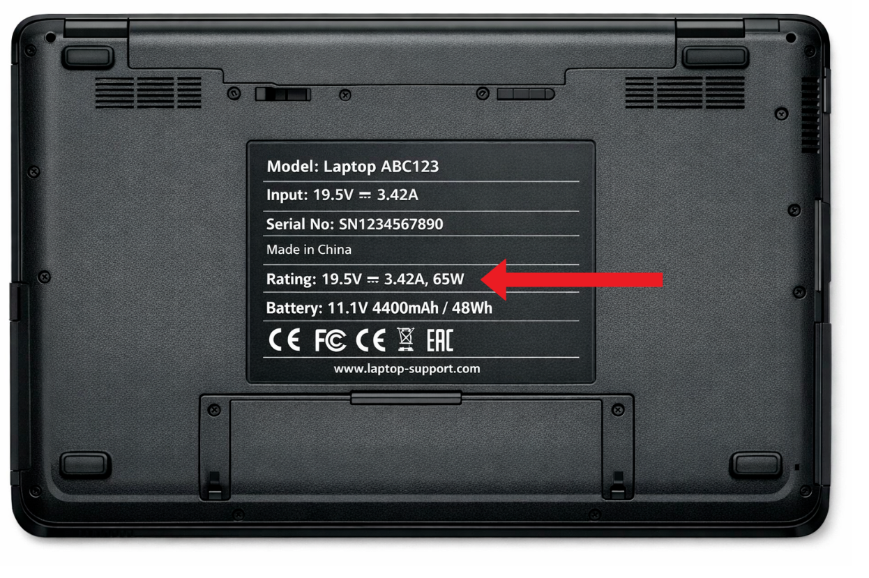 Laptop etikett med OUTPUT-spesifikasjoner