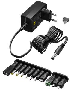 3-12V Universal strømforsyning Maks 0,6A inkl. 11 adaptere (7 DC adaptere + 4 USB)