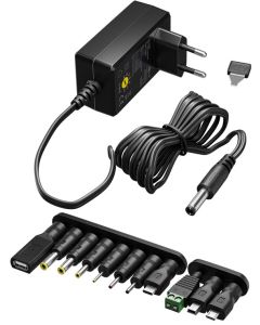 3-12V Universal strømforsyning Maks 1,5A inkl. 11 adaptere (7 DC adaptere + 3 USB + 1 skrueterminal)