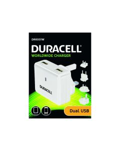 Duracell 230V til 2 x USB-lader 2.4A & 1.0A - Hvit