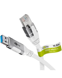 Goobay USB-A 3.0 til RJ45 Ethernet-kabel, tekstil, hvit, 10m