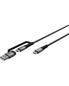 USB-C 2.0 til USB-C/USB-A adapterkabel, tekstil, svart/grå, 1m