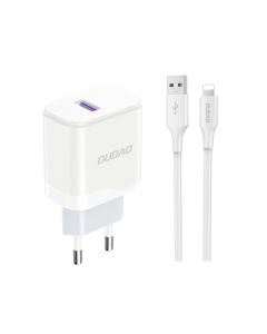 Dudao A20EU USB QC/PD hurtiglader 18W, Hvit inkl. Lightning kabel