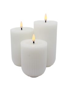 Stripete LED-blokklys i voks med 3D-flamme, 3 stk - Hvit