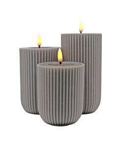 Stripete LED-blokklys i voks med 3D-flamme, 3 stk - Grå