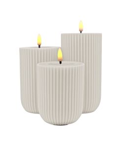 Stripete LED-blokklys i voks med 3D-flamme, 3 stk - Hviskende hvit