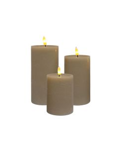 LED blokklys i voks m/3D-flamme og fjernkontroll, 3 stk. - latte