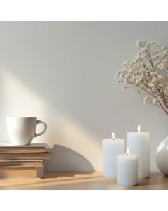 LED bloklys i voks med 3D-flamme og fjernkontroll, 3 stk - Hvit