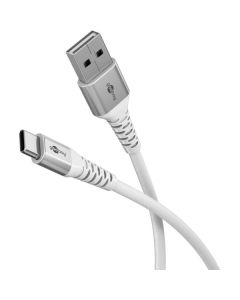 USB-A 2.0 til USB-C lade- og datakabel, tekstil, hvit, 1 m