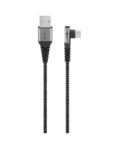 USB-A 2.0 til USB-C lade- og datakabel, tekstil, svart/grå, vinklet, 2 m