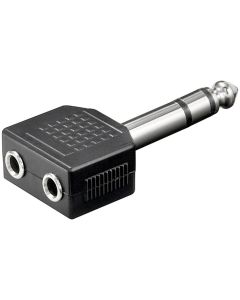 Audio adapter 6,35mm han (3-pin, stereo) til 2x 3,5mm hun (3-pin, stereo)