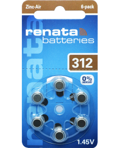 Renata ZA312 (6 stk.) Høreapparatbatterier - 0 % kvikksølv