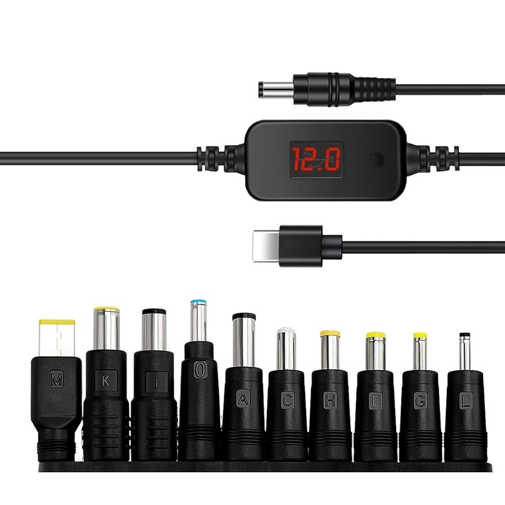 Universell laptopstrømforsyning med USB-C kabel og kontakter