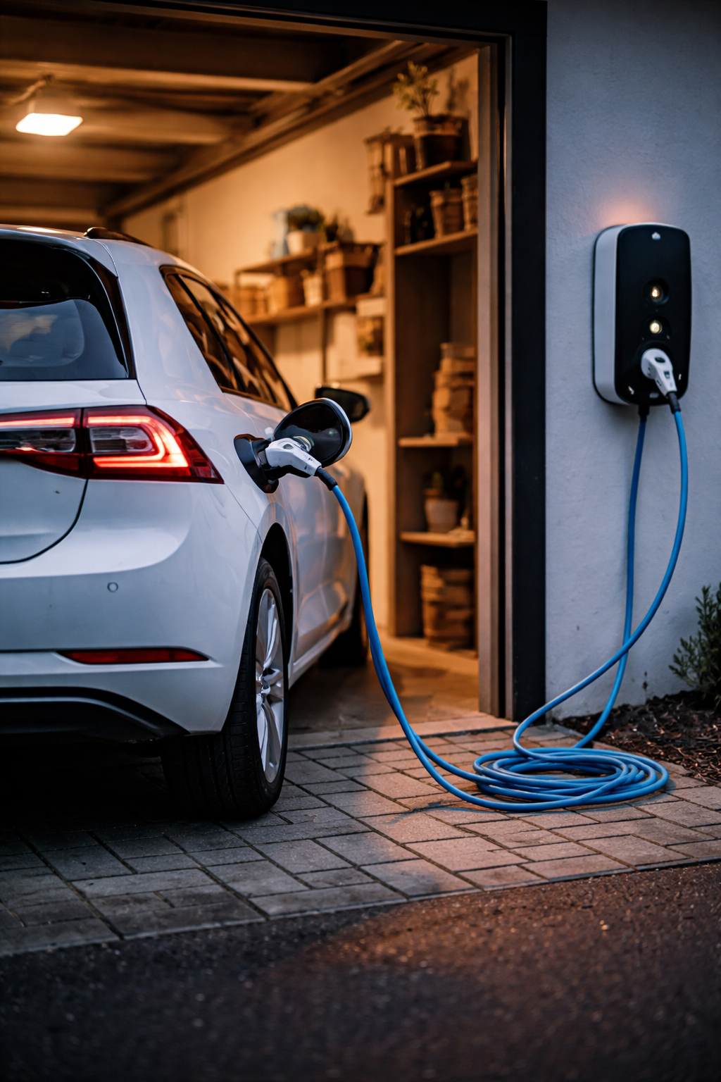 Elbil som lader ved ladeboks i garasje