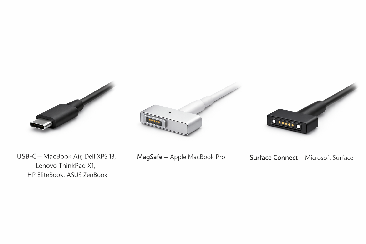 USB-C, MagSafe og Surface Connect kontakter til laptops