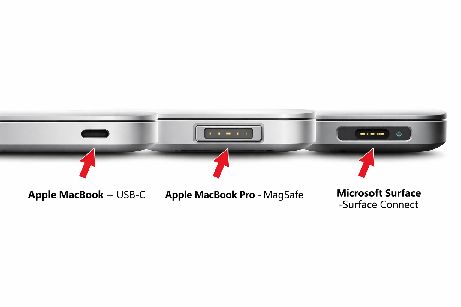 Apple MacBook USB-C, Apple MacBook Pro MagSafe og Microsoft Surface Connect ladeport på laptopkant