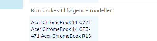 Kan brukes til følgende modeller – felt på produktside som viser hvilke laptops adapteren passer til