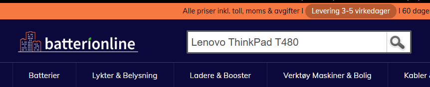 Søkefelt på batterionline.no med eksempel – søk på laptopens modellnummer