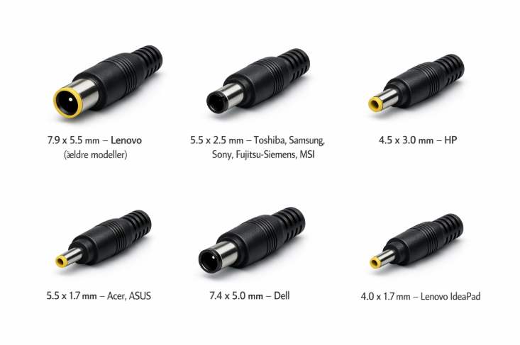 DC barrel connector kontakter i ulike størrelser – 7,9x5,5mm, 5,5x2,5mm, 4,5x3,0mm, 5,5x1,7mm, 7,4x5,0mm og 4,0x1,7mm